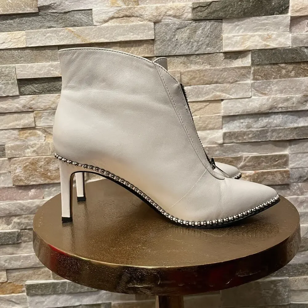BCBGeneration Ivory White Leather Studded Zip Heeled Booties | Y2K Style, 5M